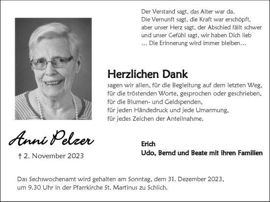 Traueranzeige von Anni Pelzer von Zeitung am Sonntag