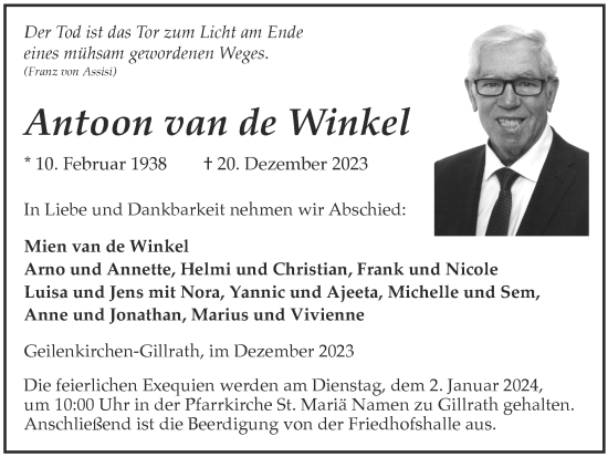 Traueranzeige von Antoon van de Winkel von Zeitung am Sonntag