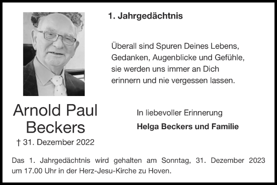 Traueranzeige von Arnold Paul Beckers von Zeitung am Sonntag