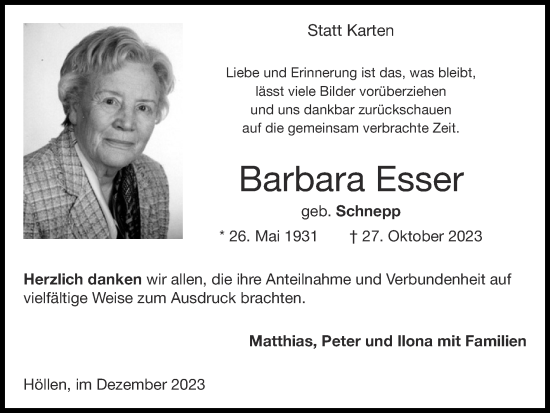 Traueranzeige von Barbara Esser von Zeitung am Sonntag