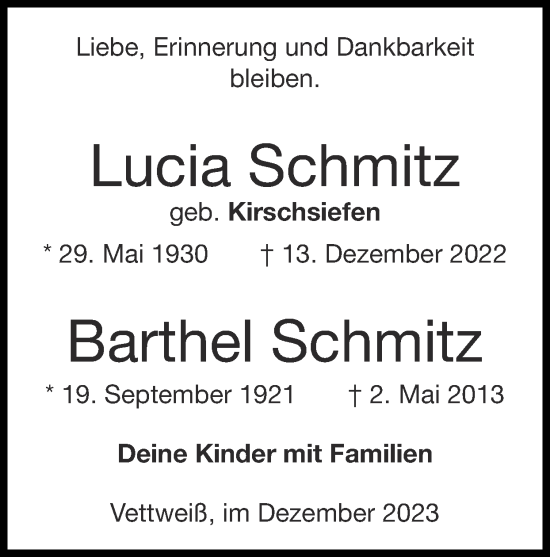 Traueranzeige von Barthel Schmitz von Zeitung am Sonntag