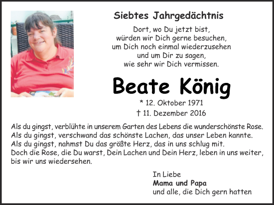 Traueranzeige von Beate König von Zeitung am Sonntag