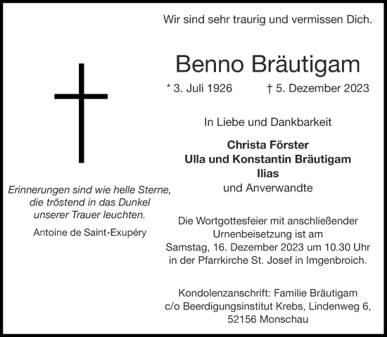 Traueranzeige von Benno Bräutigam von Aachener Zeitung