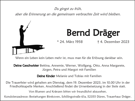 Traueranzeige von Bernd Dräger von Zeitung am Sonntag
