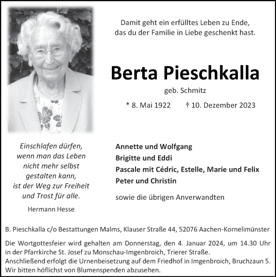 Traueranzeige von Berta Pieschkalla von Zeitung am Sonntag