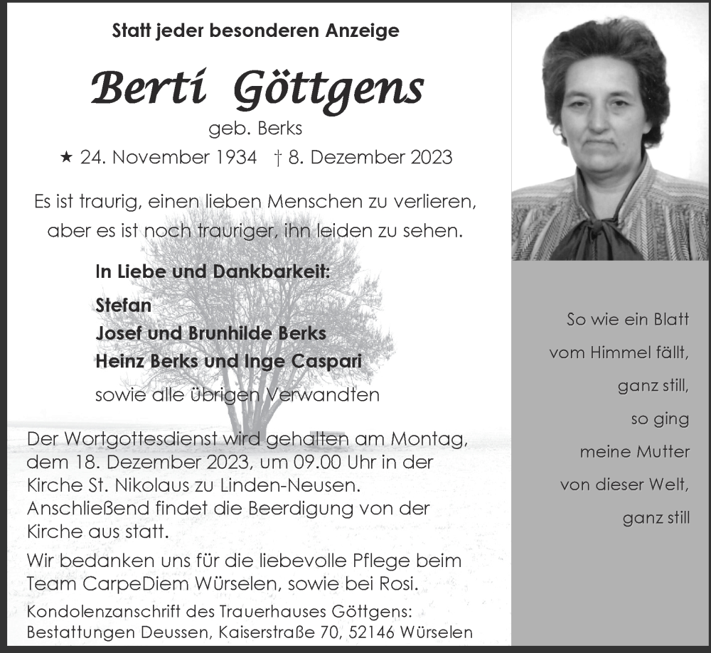  Traueranzeige für Berti Göttgens vom 17.12.2023 aus Zeitung am Sonntag