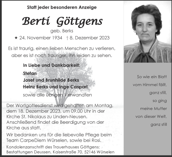 Traueranzeige von Berti Göttgens von Zeitung am Sonntag