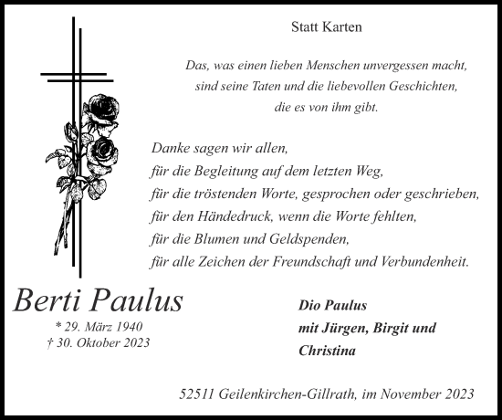 Traueranzeige von Berti Paulus von Zeitung am Sonntag