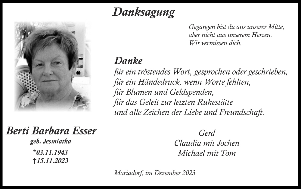  Traueranzeige für Berti Barbara Esser vom 03.12.2023 aus Zeitung am Sonntag
