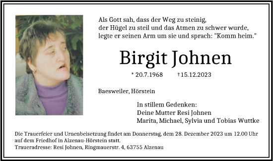 Traueranzeige von Birgit Johnen von Zeitung am Sonntag