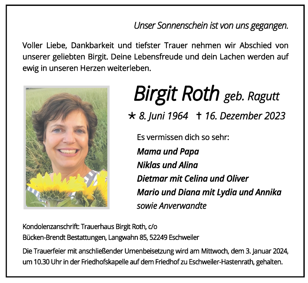  Traueranzeige für Birgit Roth vom 31.12.2023 aus Zeitung am Sonntag