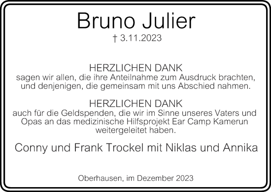 Traueranzeige von Bruno Julier von Zeitung am Sonntag