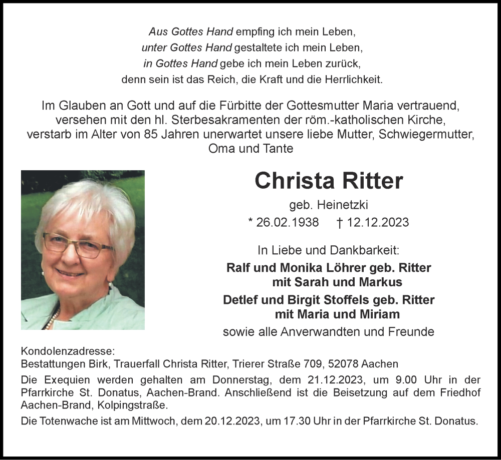 Traueranzeigen von Christa Ritter | Aachen gedenkt