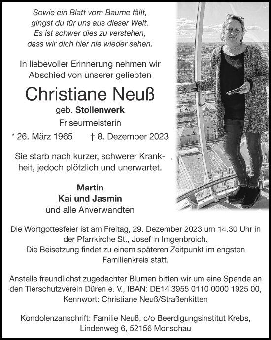 Traueranzeige von Christiane Neuß von Zeitung am Sonntag