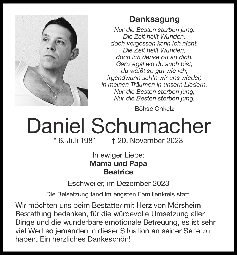  Traueranzeige für Daniel Schumacher vom 10.12.2023 aus Zeitung am Sonntag