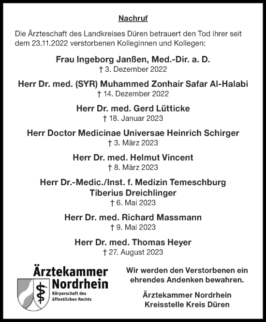Traueranzeige von Die Ärzteschaft des Landkreises Düren betrauert den Tod ihrer seit dem 23.11.2022 verstorbenen Kolleginnen und Kollegen  von Aachener Zeitung