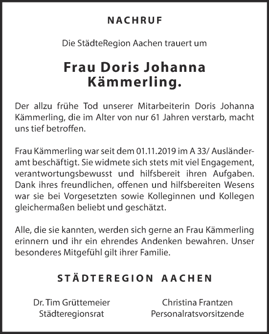 Traueranzeige von Doris Johanna Kämmerling von Aachener Zeitung