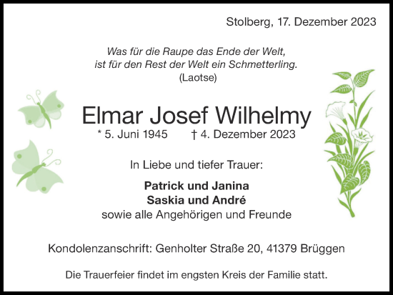 Traueranzeige von Elmar Josef Wilhelmy von Zeitung am Sonntag
