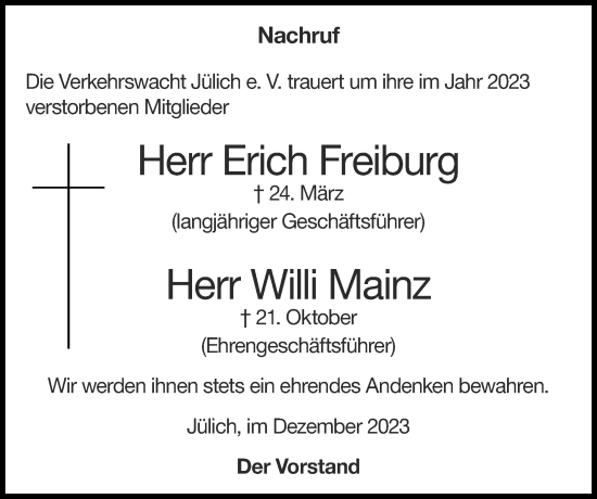 Traueranzeige von Erich Freiburg von Zeitung am Sonntag