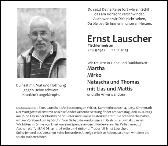 Traueranzeige von Ernst Lauscher von Aachener Zeitung
