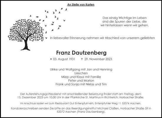 Traueranzeige von Franz Dautzenberg von Aachener Zeitung