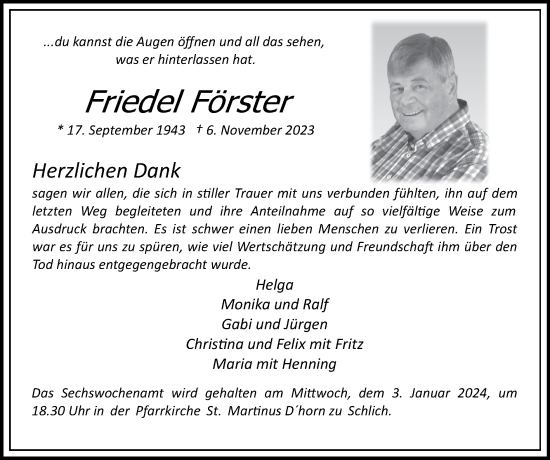 Traueranzeige von Friedel Förster von Zeitung am Sonntag