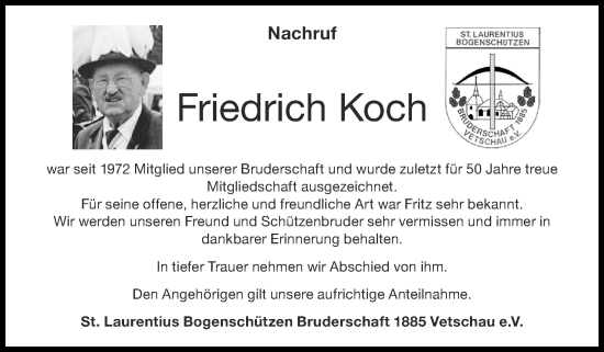 Traueranzeige von Friedrich Koch von Zeitung am Sonntag