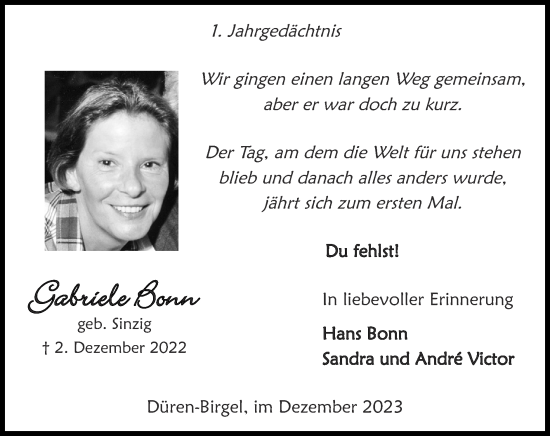Traueranzeige von Gabriele Bonn von Zeitung am Sonntag