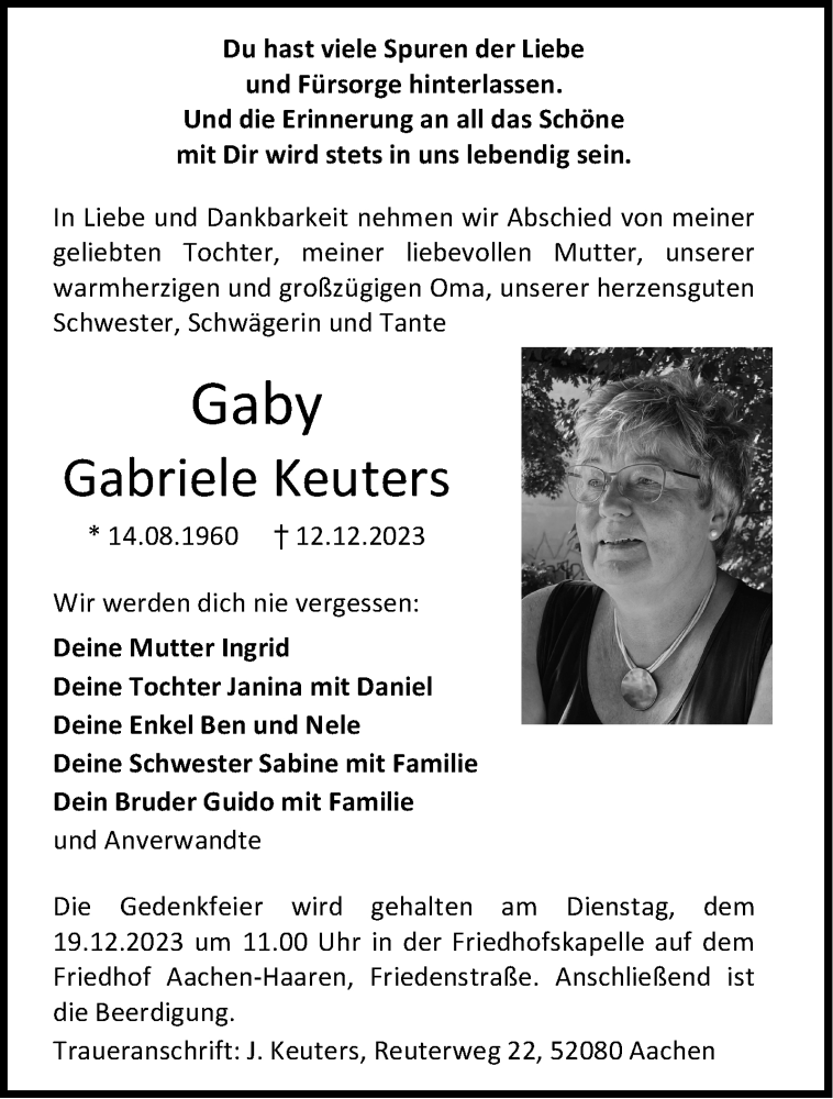  Traueranzeige für Gabriele Keuters vom 16.12.2023 aus Aachener Zeitung