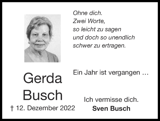 Traueranzeige von Gerda Busch von Zeitung am Sonntag