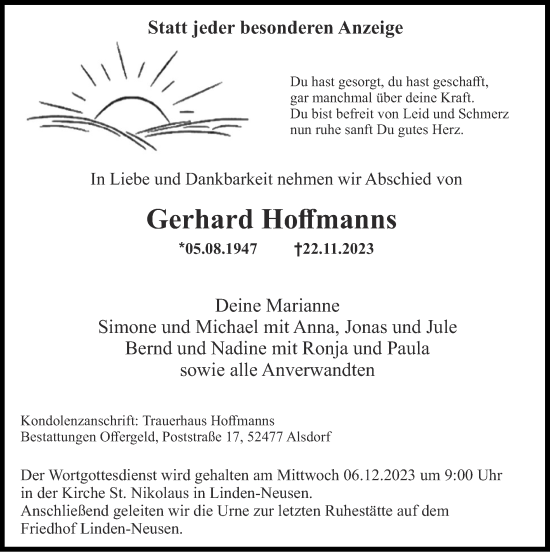Traueranzeige von Gerhard Hoffmanns von Zeitung am Sonntag