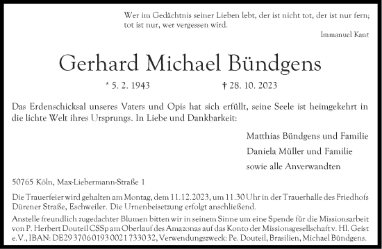 Traueranzeige von Gerhard Michael Bündgens von Aachener Zeitung