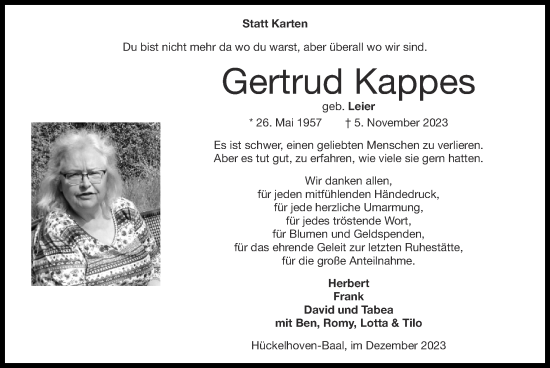 Traueranzeige von Gertrud Kappes von Zeitung am Sonntag