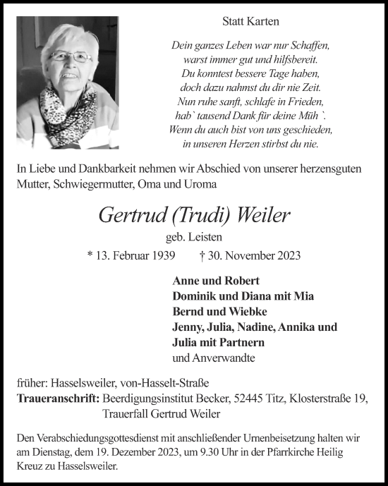 Traueranzeige von Gertrud Weiler von Zeitung am Sonntag