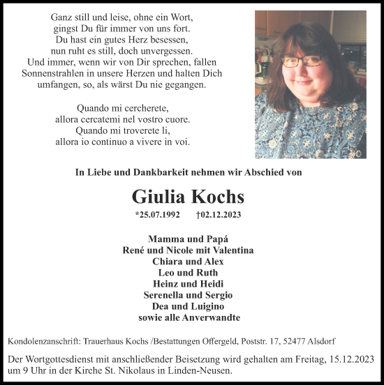 Traueranzeige von Giulia Kochs von Zeitung am Sonntag