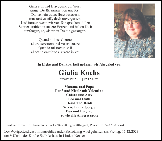 Traueranzeige von Giulia Kochs von Aachener Zeitung