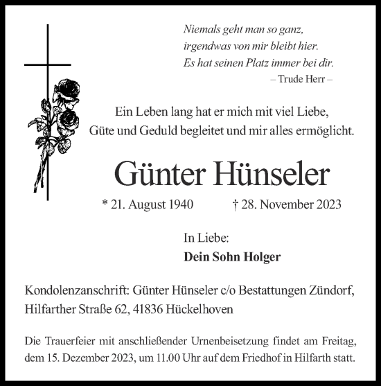 Traueranzeige von Günter Hünseler von Zeitung am Sonntag