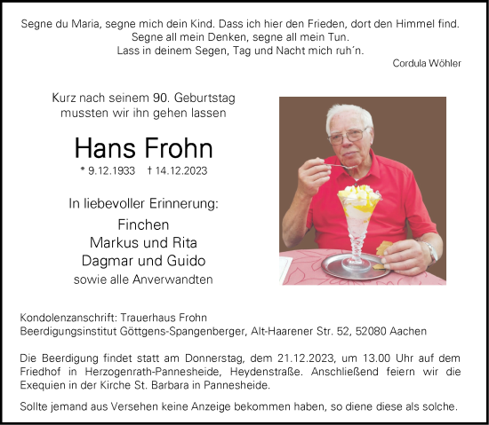 Traueranzeige von Hans Frohn von Aachener Zeitung