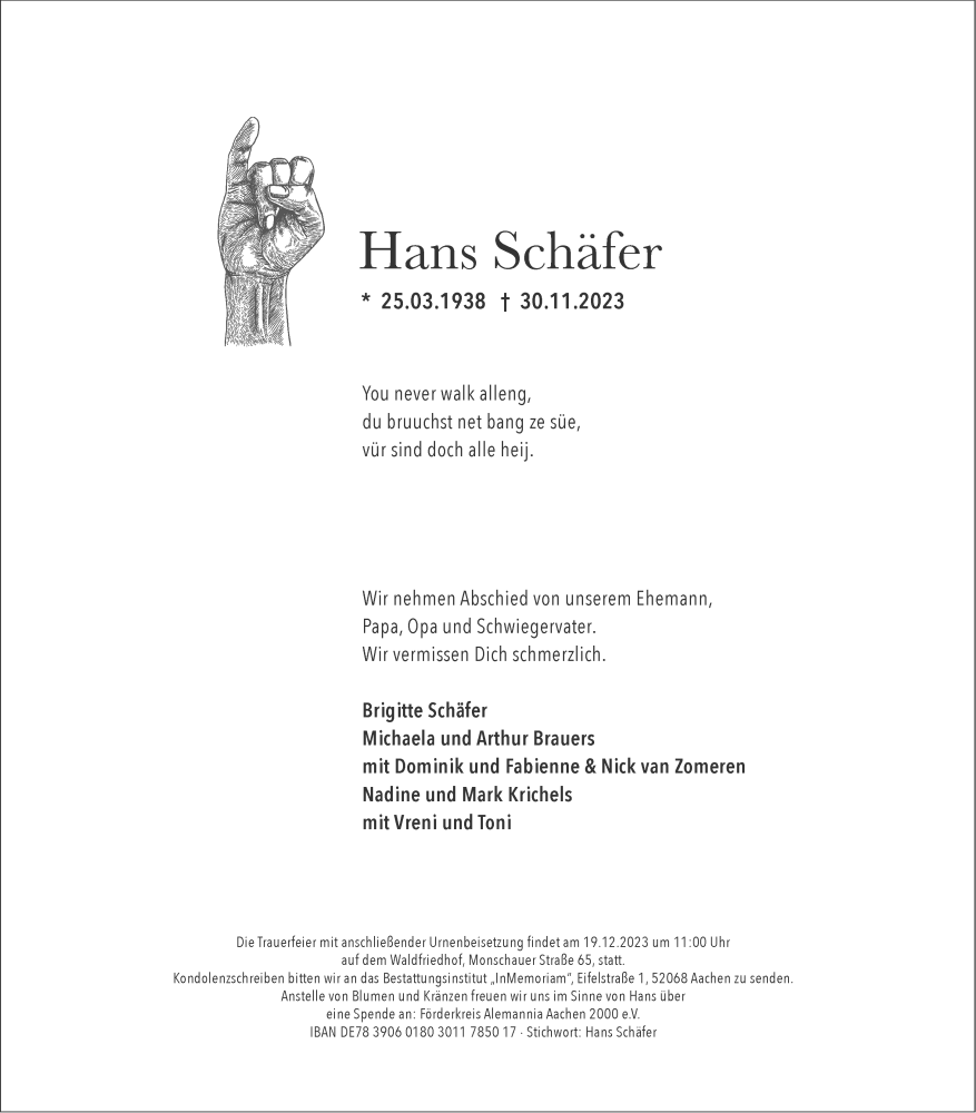  Traueranzeige für Hans Schäfer vom 09.12.2023 aus Aachener Zeitung