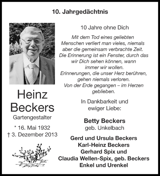Traueranzeige von Heinz Beckers von Aachener Zeitung