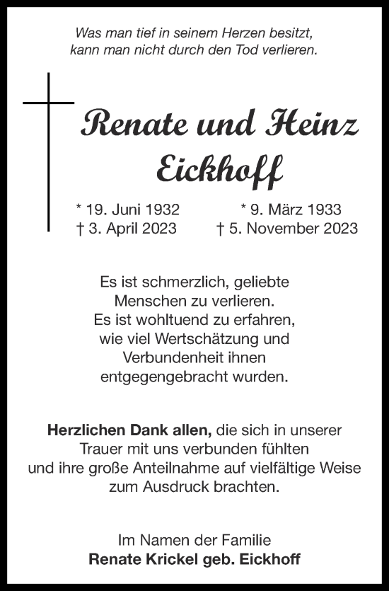 Traueranzeige von Heinz Eickhoff von Zeitung am Sonntag