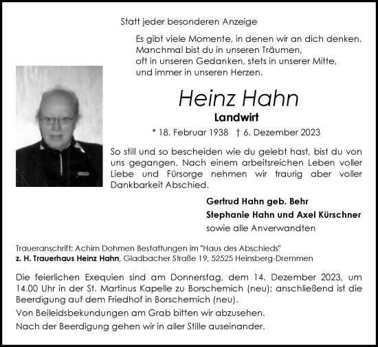 Traueranzeige von Heinz Hahn von Zeitung am Sonntag