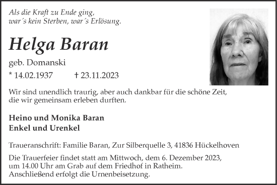 Traueranzeige von Helga Baran von Zeitung am Sonntag