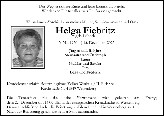 Traueranzeige von Helga Fiebritz von Zeitung am Sonntag