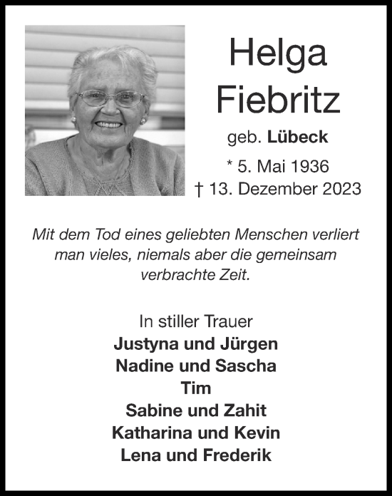 Traueranzeige von Helga Fiebritz von Zeitung am Sonntag