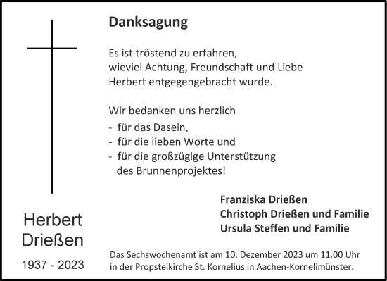 Traueranzeige von Herbert Drießen von Aachener Zeitung