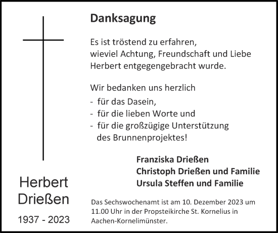 Traueranzeige von Herbert Drießen von Zeitung am Sonntag