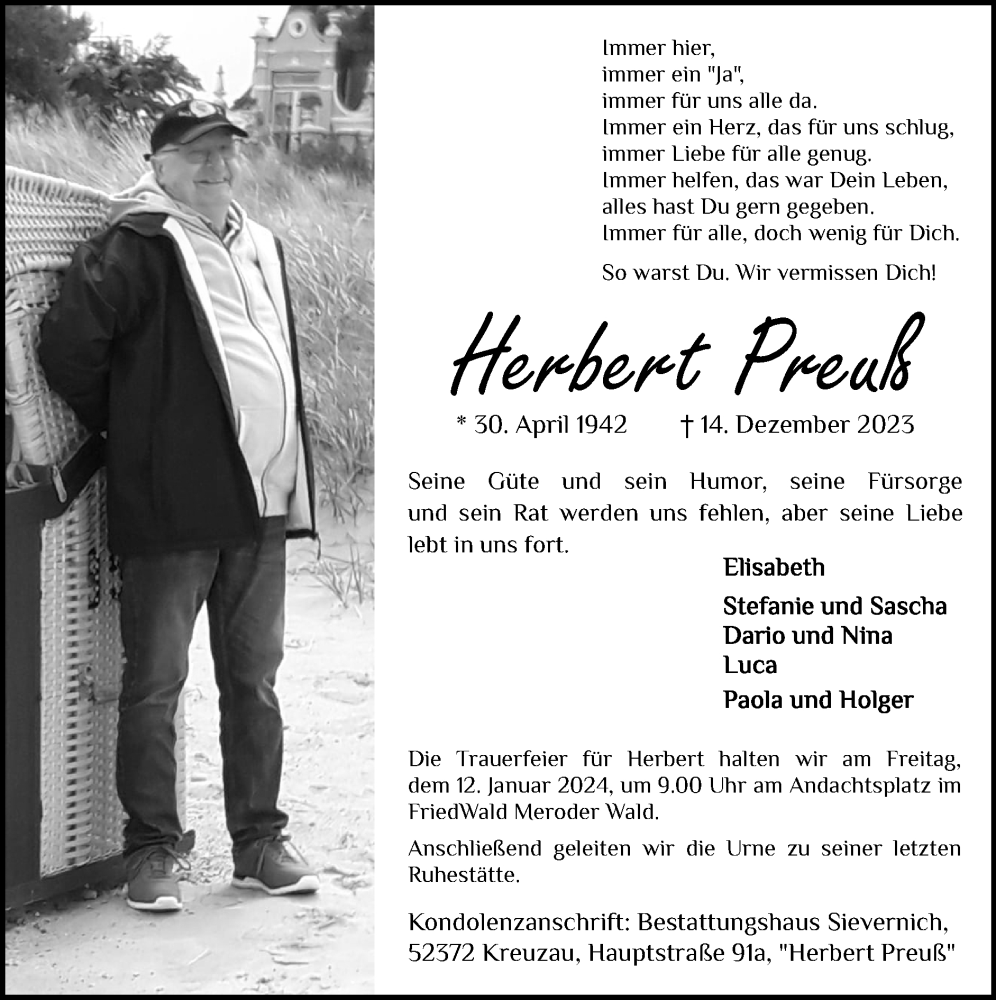  Traueranzeige für Herbert Preuß vom 24.12.2023 aus Zeitung am Sonntag