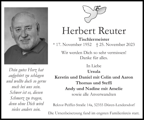 Traueranzeige von Herbert Reuter von Zeitung am Sonntag
