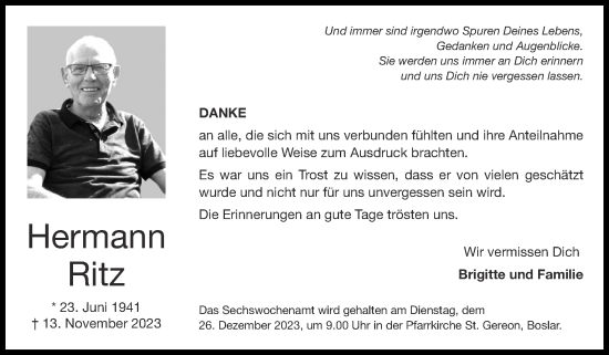 Traueranzeige von Hermann Ritz von Zeitung am Sonntag
